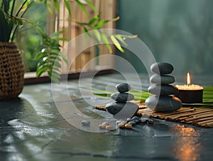 Photo of modern style, closeup view, Zen stones and bamboo on the table