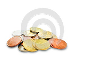 A photo of money, heap of euro coins. Euro currency. Business finance concept. Coins isolated on white.