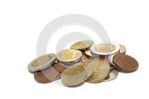 A photo of money, heap of euro coins. Euro currency. Business finance concept. Coins isolated on white.