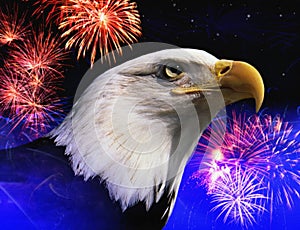 Photo montage: American bald eagle and fireworks