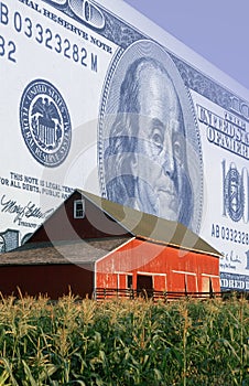 Photo montage: American currency, red barn and corn field