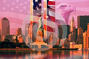 Photo montage: American flag and eagle, World Trade Center, Statue of Liberty