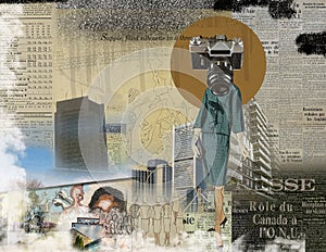 Photo montage illustration of mannequin newspaper architecture