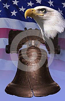 Photo montage: Liberty Bell, American eagle, American flag