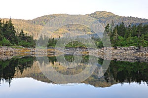 Photo of a mountain and trees refelcting into the water