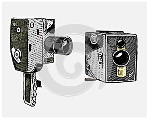 Photo movie or film camera vintage, engraved, hand drawn in sketch or wood cut style, old looking retro lens, isolated