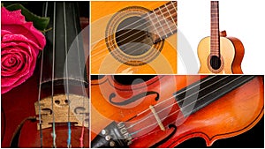 Photo of musical instruments, guitar and violin.