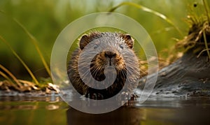 photo of muskrat rodent standing on the edge of a river. Generative AI