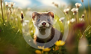 photo of mustelid in a flower meadow. Generative AI photo