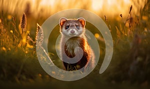 Photo of mustelid a sleek and agile ferret captured in a moment of playfulness as it bounds across a verdant meadow in soft warm