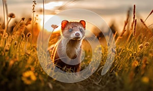 Photo of mustelid a sleek and agile ferret captured in a moment of playfulness as it bounds across a verdant meadow in soft warm