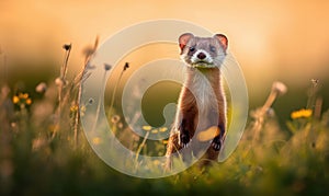 Photo of mustelid a sleek and agile ferret captured in a moment of playfulness as it bounds across a verdant meadow in soft warm