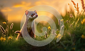 Photo of mustelid a sleek and agile ferret captured in a moment of playfulness as it bounds across a verdant meadow in soft warm photo