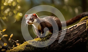 photo of mustelid on a tree branch with blurry bohek forest background. Generative AI