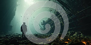 A photo of a mysterious underwater world, diver and a sunken ship. Generative AI