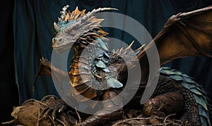 Photo of a mythical dragon statue resting on a rustic hay stack