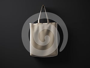 Photo natural color rubberized material bag hanging in center. Empty concrete painted black wall background.Highly