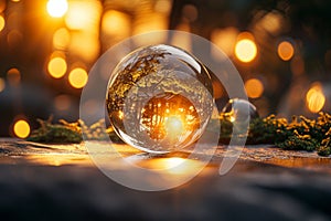 Photo Nature preservation Globe in forest sunlight embodies environmental awareness