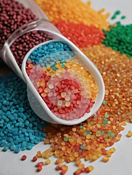 Photo Of Naturefriendly Biodegradable Plastic Granules Different Colors On Table, Recycling Concept. Generative AI