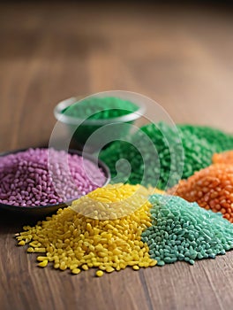 Photo Of Naturefriendly Biodegradable Plastic Granules Different Colors On Table, Recycling Concept. Generative AI