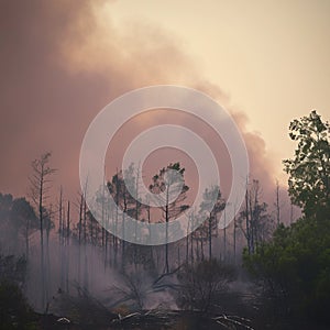 Photo Natures fury Forest fire aftermath, burned trees with smoky sky