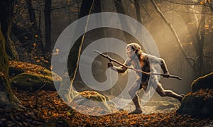 Photo of Neanderthal archaic human hunting in a dense prehistoric forest. The powerful figure is captured mid-stride brandishing a