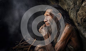photo of Neanderthal archaic human in its natural habitat. Generative AI photo
