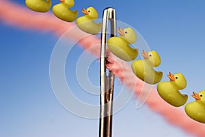 Photo of Needle and Thread And Row of Ducks Following Each Other