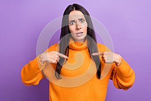 Photo of negative impressed lady accuse blame confused feeling point herself isolated purple color background