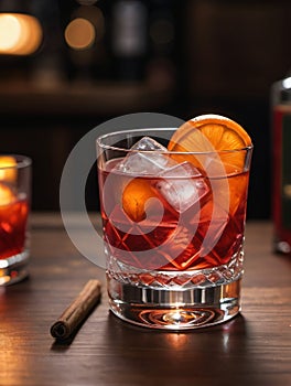 Photo Of Negroni Cocktail On The Wooden Table. Generative AI