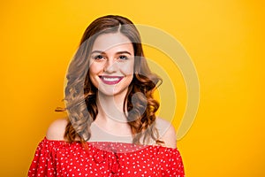 Photo of nice foxy lady pink pomade wear red dress with open shoulders isolated yellow background