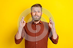 Photo of nice groomed man wear trendy clothes raise hand make finger symbol want everything be alright okay isolated on