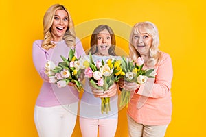 Photo of nice impressed blond red hair grand mom daughter give flowers wear pastel cloth isolated on yellow color
