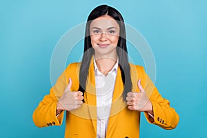 Photo of nice joyful business lady make thumbs up good mood feedback job isolated on blue color background