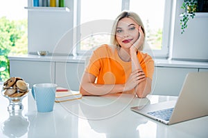 Photo of nice lovely girl working distance in morning modern dining room kitchen