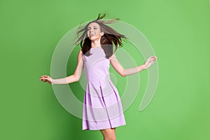 Photo of nice pretty adorable lady model look empty space hands airy light fly wind blowing hair volume shampoo