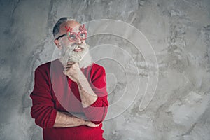 Photo of nice white haired old man ready x-mas party looking empty space curious listening wear stylish newyear specs