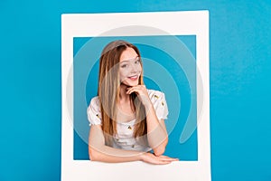 Photo of nice young girl toothy smile album card wear top isolated on blue color background