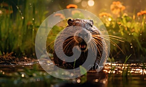 Photo of nutria captured with exquisite detail featuring its iconic orange incisors and webbed feet amidst a lush wetland habitat