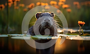 Photo of nutria captured with exquisite detail featuring its iconic orange incisors and webbed feet amidst a lush wetland habitat
