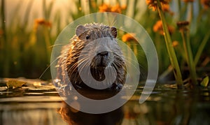 Photo of nutria captured with exquisite detail featuring its iconic orange incisors and webbed feet amidst a lush wetland habitat
