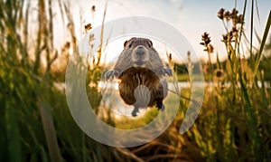 photo of nutria jumping in tall grass at sunset. Generative AI