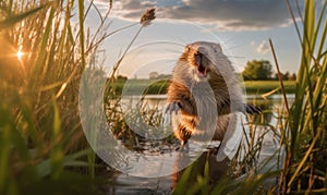 photo of nutria jumping in tall grass at sunset. Generative AI