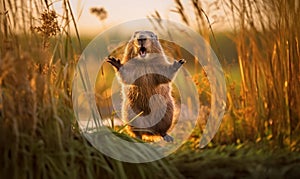 photo of nutria jumping in tall grass at sunset. Generative AI