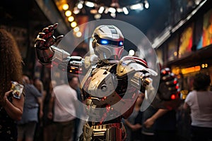 Photo of a obot standing in front of a DJ set