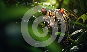 Photo of ocelot gracefully prowling through a lush tropical rainforest in its natural habitat. image showcases the ocelots sleek
