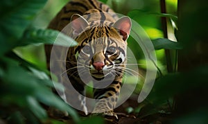 Photo of ocelot gracefully prowling through a lush tropical rainforest in its natural habitat. image showcases the ocelots sleek