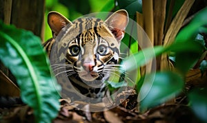 Photo of ocelot gracefully prowling through a lush tropical rainforest in its natural habitat. image showcases the ocelots sleek