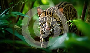 Photo of ocelot gracefully prowling through a lush tropical rainforest in its natural habitat. image showcases the ocelots sleek