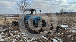 Photo of an old blue tractor and plow, damaged in the style of shelling in the Ukrainian landscape near the village.